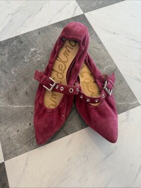 Sam Edelman Burgundy Pointed Mary Jane Flats with Studded Strap